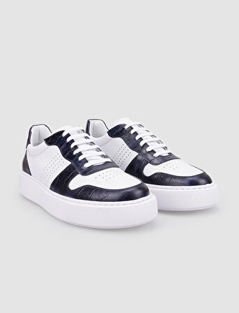 %100 Hakiki Deri Beyaz - Lacivert Croco Detaylı Erkek Sneaker