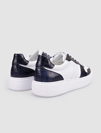 %100 Hakiki Deri Beyaz - Lacivert Croco Detaylı Erkek Sneaker