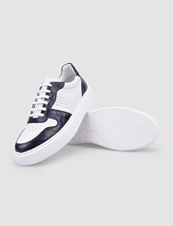 %100 Hakiki Deri Beyaz - Lacivert Croco Detaylı Erkek Sneaker