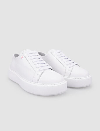 %100 Hakiki Deri Beyaz Bağcıklı Kadın Spor Ayakkabı