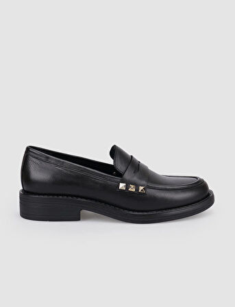 %100 Hakiki Deri Siyah Zımba Detaylı Kadın Loafer