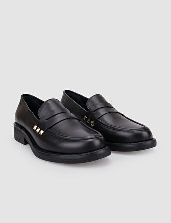 %100 Hakiki Deri Siyah Zımba Detaylı Kadın Loafer