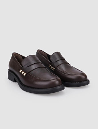 %100 Hakiki Deri Kahverengi Zımba Detaylı Kadın Loafer
