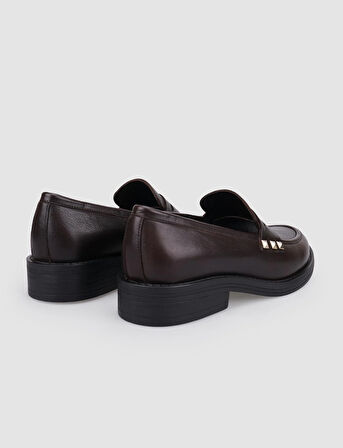 %100 Hakiki Deri Kahverengi Zımba Detaylı Kadın Loafer