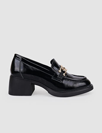 Cabani %100 Hakiki Deri Siyah Rugan Tokalı Kadın Topuklu Ayakkabı