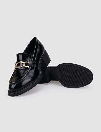 Cabani %100 Hakiki Deri Siyah Rugan Tokalı Kadın Topuklu Ayakkabı