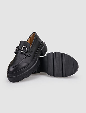 %100 Hakiki Deri Siyah Tokalı Kadın Günlük Ayakkabı