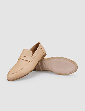 %100 Hakiki Deri Bej Kadın Loafer