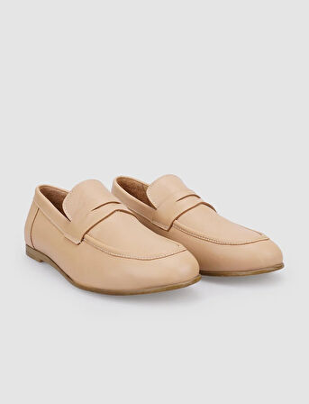 %100 Hakiki Deri Bej Kadın Loafer