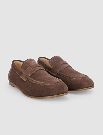 %100 Hakiki Deri Kahverengi Süet Kadın Loafer