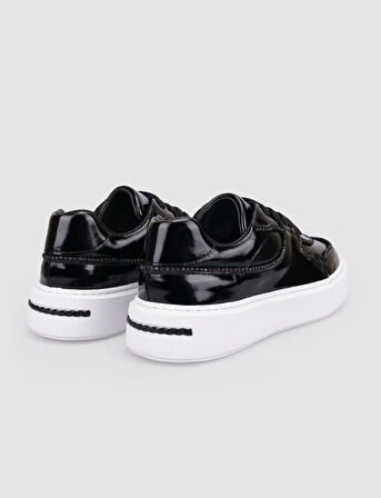 %100 Hakiki Deri Siyah Rugan Bağcıklı Kadın Spor Ayakkabı