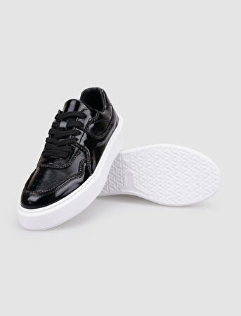 %100 Hakiki Deri Siyah Rugan Bağcıklı Kadın Spor Ayakkabı