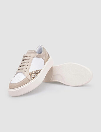 %100 Hakiki Deri Bej Sim Detaylı Bağcıklı Kadın Spor Ayakkabı