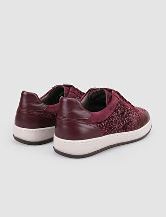 %100 Hakiki Deri Bordo Bağcıklı Kadın Sneaker