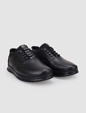 %100 Hakiki Deri Siyah Lastik Bağcıklı Erkek Günlük Ayakkabı