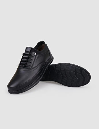 %100 Hakiki Deri Siyah Lastik Bağcıklı Erkek Günlük Ayakkabı