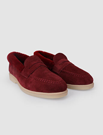 %100 Hakiki Deri Bordo Süet Kürklü Kadın Loafer