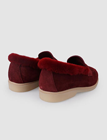 %100 Hakiki Deri Bordo Süet Kürklü Kadın Loafer