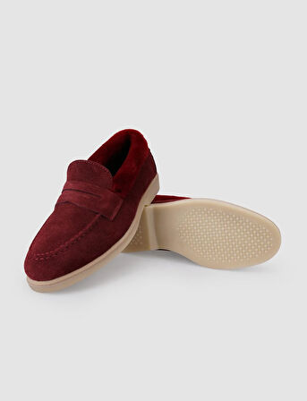 %100 Hakiki Deri Bordo Süet Kürklü Kadın Loafer