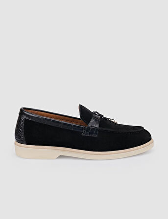 %100 Hakiki Deri Siyah Süet Kadın Loafer