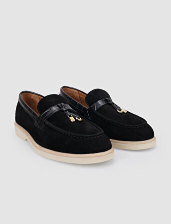 %100 Hakiki Deri Siyah Süet Kadın Loafer