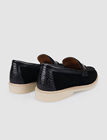 %100 Hakiki Deri Siyah Süet Kadın Loafer