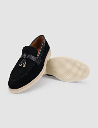 %100 Hakiki Deri Siyah Süet Kadın Loafer