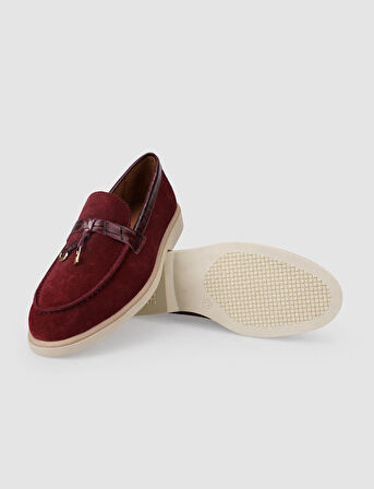 %100 Hakiki Deri Bordo Süet Kadın Loafer