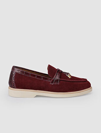 %100 Hakiki Deri Bordo Süet Kadın Loafer