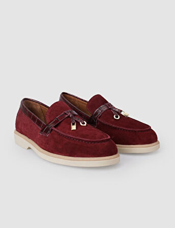 %100 Hakiki Deri Bordo Süet Kadın Loafer