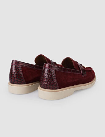 %100 Hakiki Deri Bordo Süet Kadın Loafer