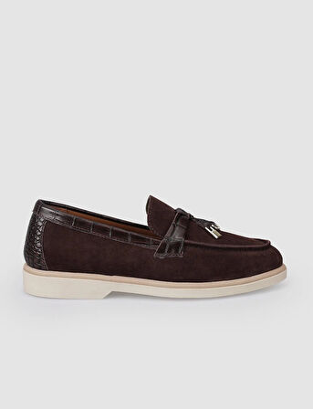 %100 Hakiki Deri Kahverengi Süet Kadın Loafer