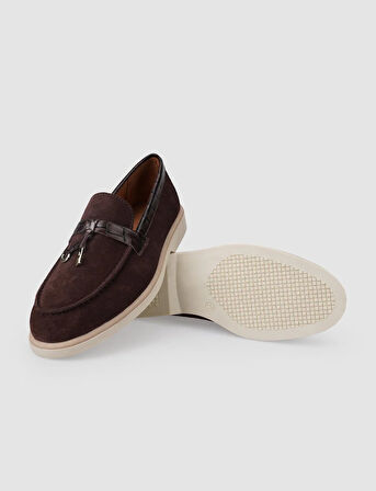 %100 Hakiki Deri Kahverengi Süet Kadın Loafer