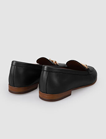 %100 Hakiki Deri Siyah Tokalı Kadın Loafer