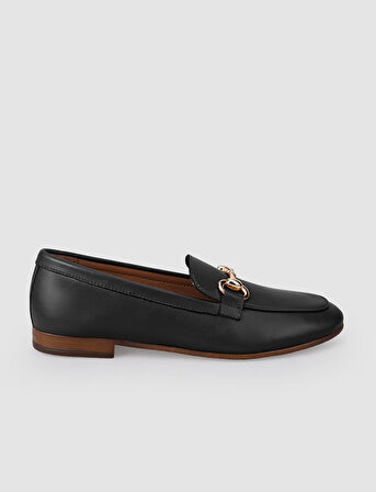 %100 Hakiki Deri Siyah Tokalı Kadın Loafer