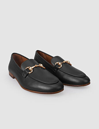 %100 Hakiki Deri Siyah Tokalı Kadın Loafer