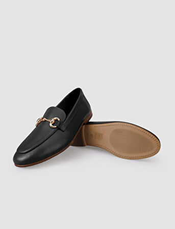 %100 Hakiki Deri Siyah Tokalı Kadın Loafer