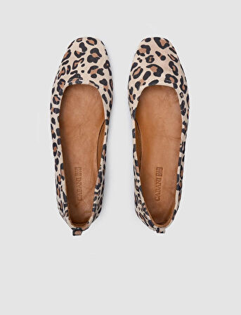 %100 Hakiki Deri Leopar Bej Kadın Babet