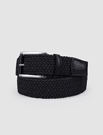 Cabani Triko Siyah Örgü Detaylı 4 cm Erkek Günlük Kemer