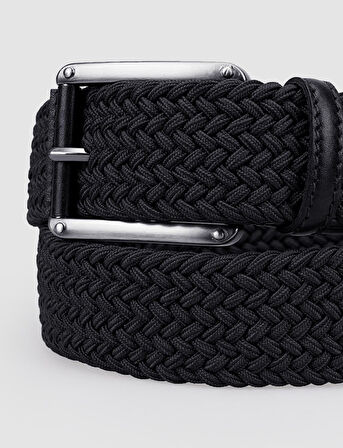 Cabani Triko Siyah Örgü Detaylı 4 cm Erkek Günlük Kemer