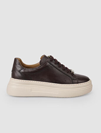 %100 Hakiki Deri Kahverengi Bağcıklı Kadın Sneaker