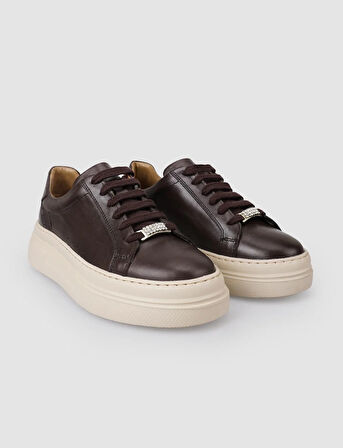 %100 Hakiki Deri Kahverengi Bağcıklı Kadın Sneaker