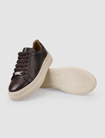 %100 Hakiki Deri Kahverengi Bağcıklı Kadın Sneaker