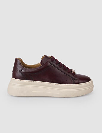 %100 Hakiki Deri Bordo Bağcıklı Kadın Sneaker