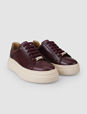 %100 Hakiki Deri Bordo Bağcıklı Kadın Sneaker