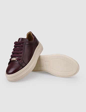%100 Hakiki Deri Bordo Bağcıklı Kadın Sneaker