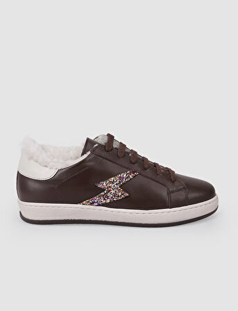%100 Hakiki Deri Kahverengi Bağcıklı Kürklü Kadın Sneaker