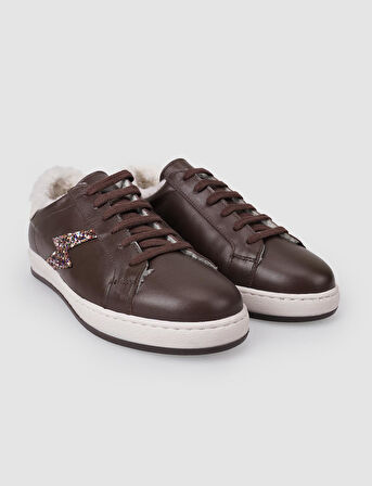 %100 Hakiki Deri Kahverengi Bağcıklı Kürklü Kadın Sneaker