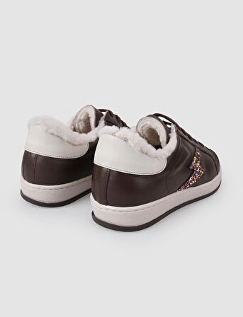 %100 Hakiki Deri Kahverengi Bağcıklı Kürklü Kadın Sneaker
