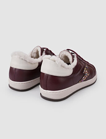 %100 Hakiki Deri Bordo Bağcıklı Kürklü Kadın Sneaker